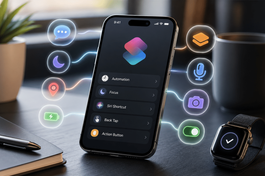 Smartphone screen shows shortcuts list—Automation, Focus, Siri Shortcut, Back Tap, Action Button—with glowing floating icons around the device on a desk setup.