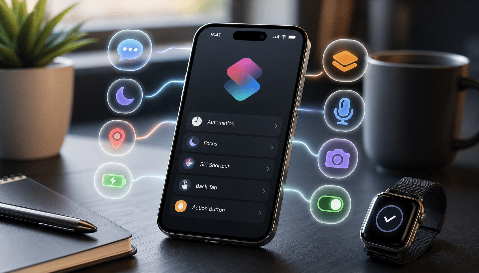 Smartphone screen shows shortcuts list—Automation, Focus, Siri Shortcut, Back Tap, Action Button—with glowing floating icons around the device on a desk setup.