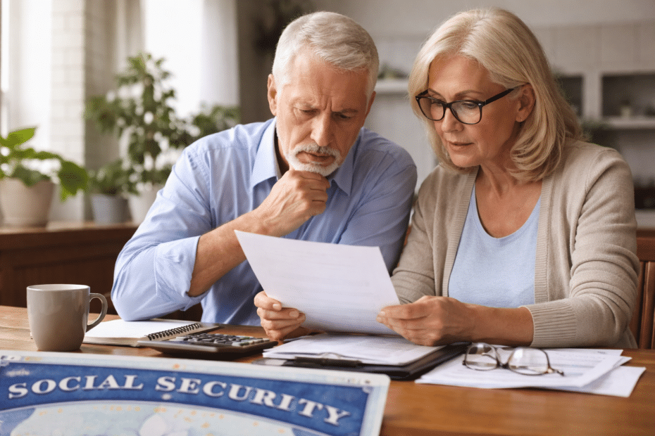 Older couple reviewing documents at a table, with a calculator and a 'Social Security' sign in the foreground. They look focused or concerned.