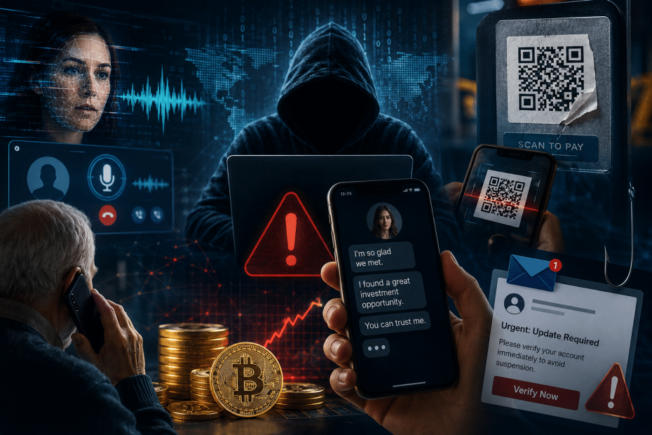 Hooded hacker at a laptop with scam messages on a phone, Bitcoin coins and a QR pay panel in the foreground as a warning of cybercrime.
