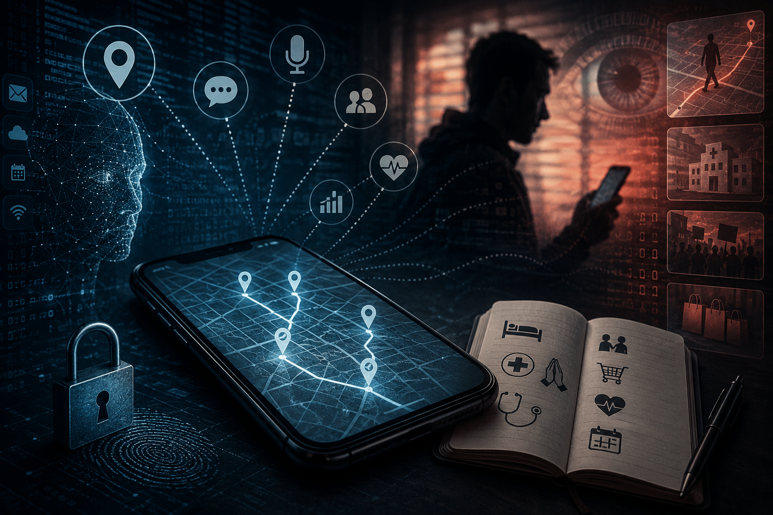 Smartphone shows a route map with location pins; a padlock and digital icons symbolize cybersecurity.