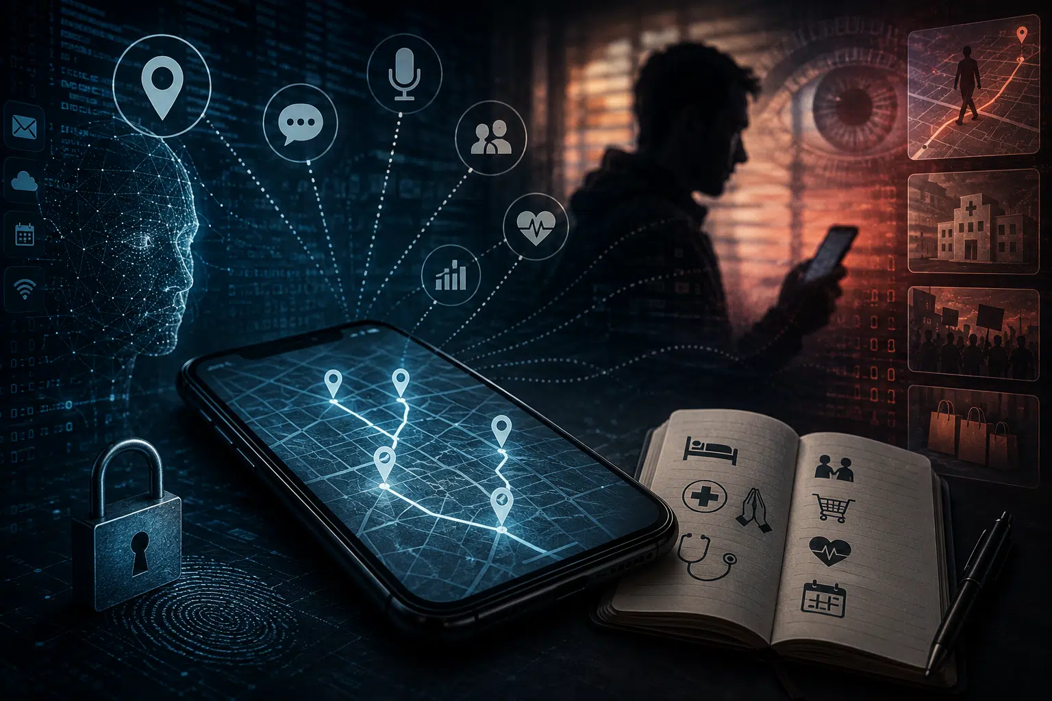 Smartphone shows a route map with location pins; a padlock and digital icons symbolize cybersecurity.