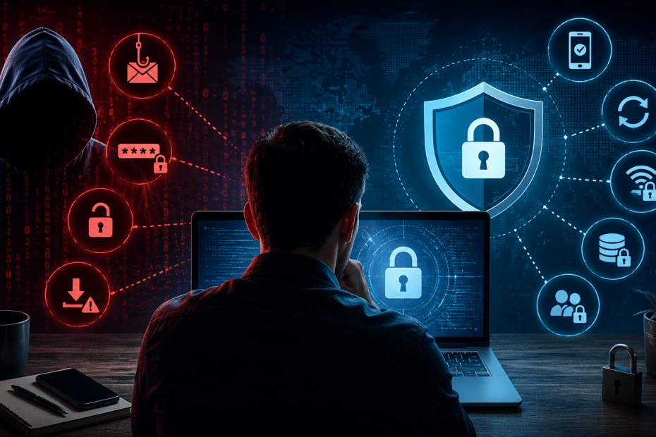 A person with a laptop facing away, surrounded by red cybersecurity icons on the left and a blue shield with a lock on the right, symbolizing cyber defense. A hooded figure and a analyst at a laptop with digital security icons indicating threat detection and protection. Network security scene: hacker in red glow on left, security shield and lock icons on the right around a central laptop. Blue-and-red cybersecurity composition showing data protection, with a shield lock and connected security icons. Informative cyber threat image: person at a laptop central, red threat icons to the left, blue protection icons to the right.