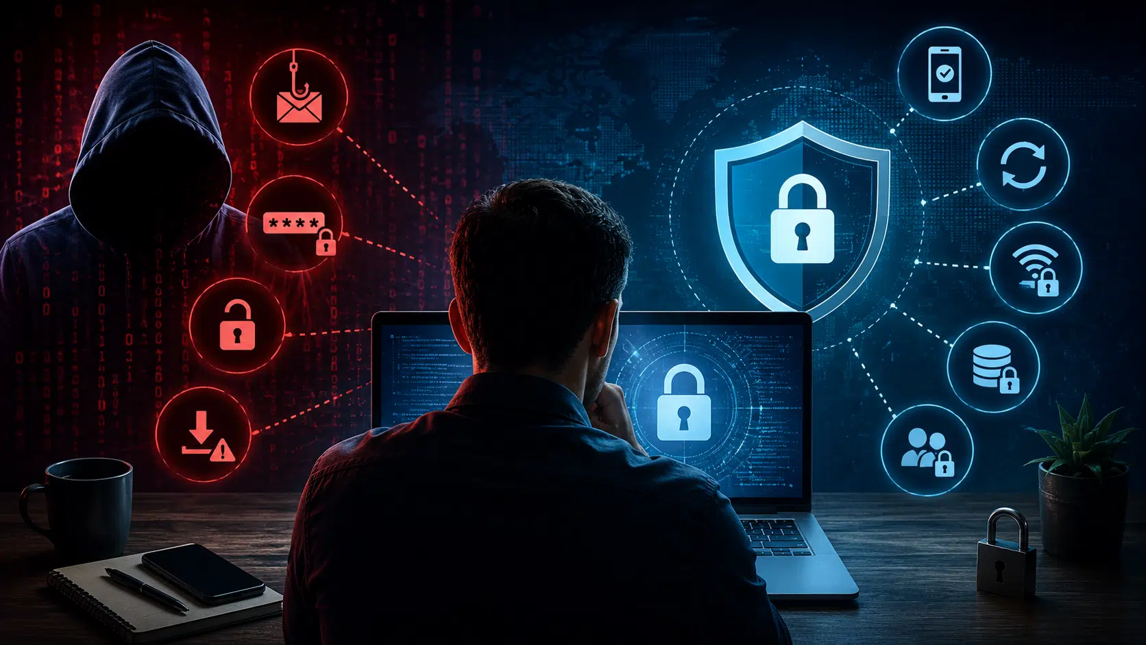 A person with a laptop facing away, surrounded by red cybersecurity icons on the left and a blue shield with a lock on the right, symbolizing cyber defense. A hooded figure and a analyst at a laptop with digital security icons indicating threat detection and protection. Network security scene: hacker in red glow on left, security shield and lock icons on the right around a central laptop. Blue-and-red cybersecurity composition showing data protection, with a shield lock and connected security icons. Informative cyber threat image: person at a laptop central, red threat icons to the left, blue protection icons to the right.